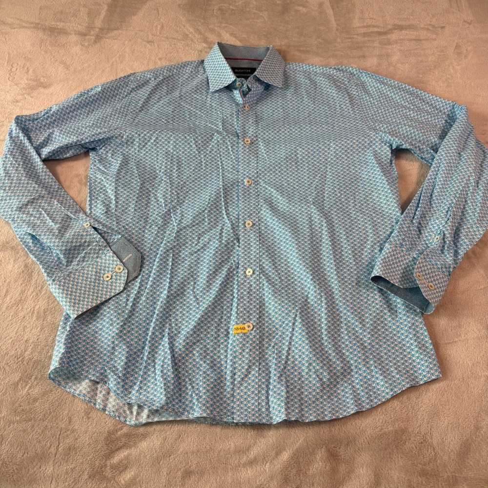 Bugatchi Men Large Shaped Fit Blue White Umbrella Print Cotton Button Down Shirt